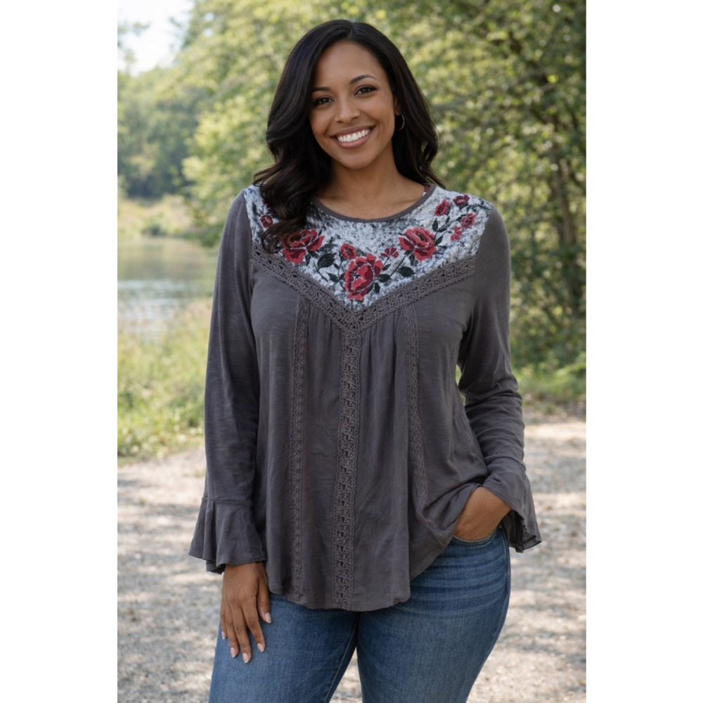Women's Altered State Gray Long Sleeve Tee with Red Floral Embroidery M